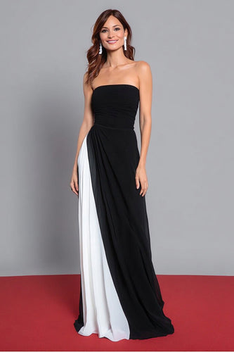 Schwarz und Weiß Etui Trägerlos Ruched Lang Formelle Kleid