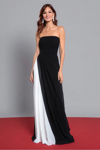Schwarz und Weiß Etui Trägerlos Ruched Lang Formelle Kleid