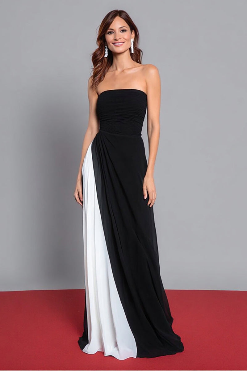 Laden Sie das Bild in den Galerie-Viewer, Schwarz und Weiß Etui Trägerlos Ruched Lang Formelle Kleid