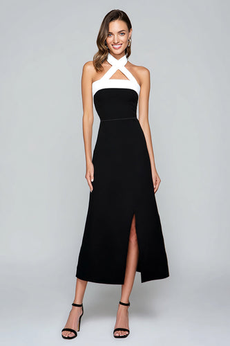 Schwarz und Weiß Etui Neckholder Tea Length Formelle Kleid mit Schlitz