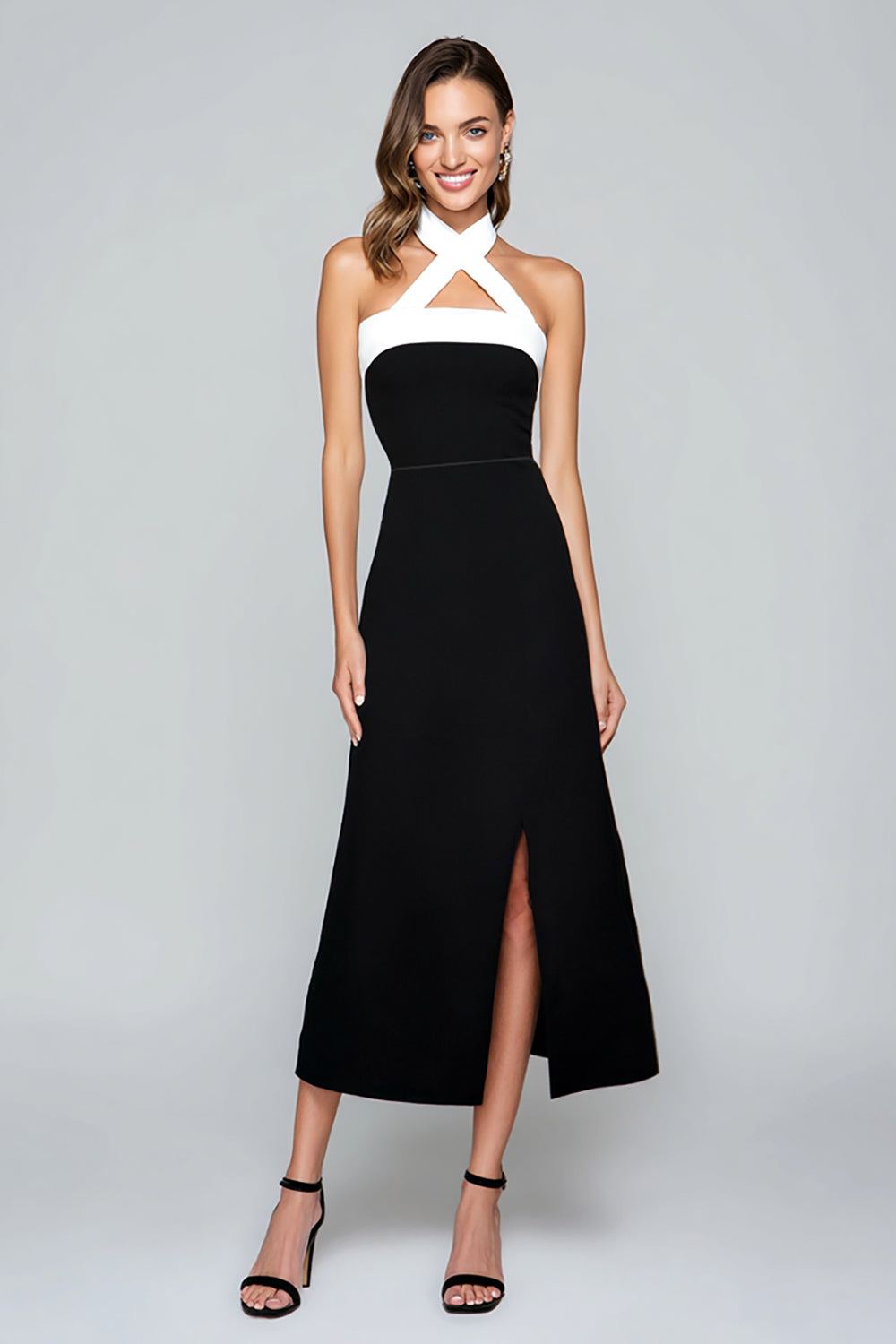 Schwarz und Weiß Etui Neckholder Tea Length Formelle Kleid mit Schlitz