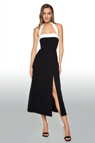 Schwarz und Weiß Etui Neckholder Tea Length Formelle Kleid mit Schlitz