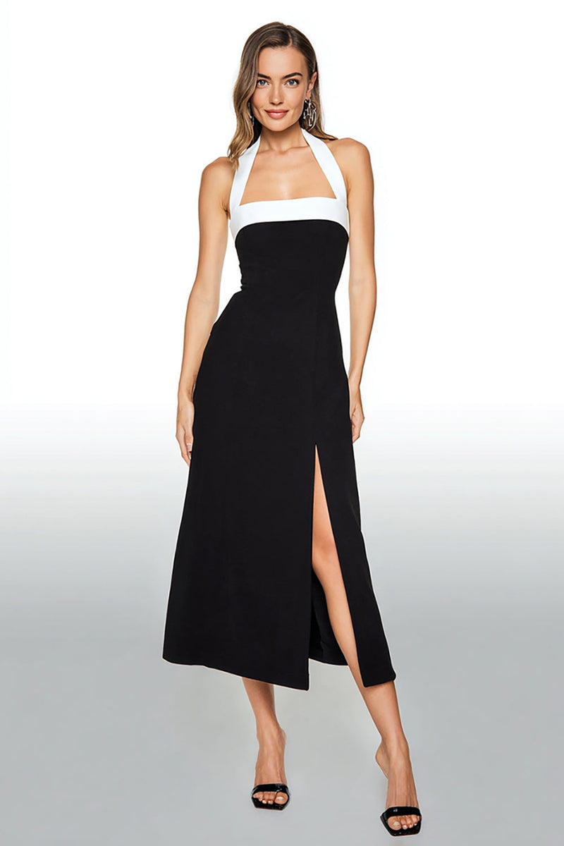 Laden Sie das Bild in den Galerie-Viewer, Schwarz und Weiß Etui Neckholder Tea Length Formelle Kleid mit Schlitz