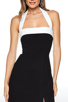 Schwarz und Weiß Etui Neckholder Tea Length Formelle Kleid mit Schlitz