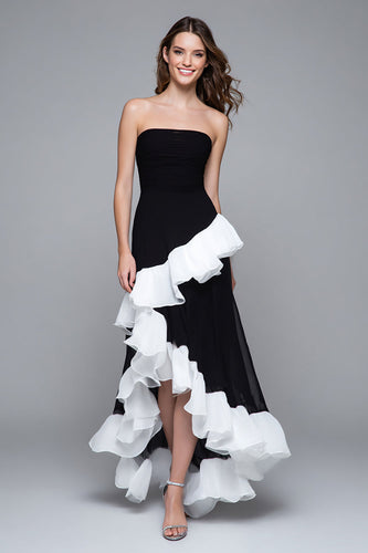 Schwarz und Weiß Etui Rüschen Trägerlos Lang Formelle Kleid