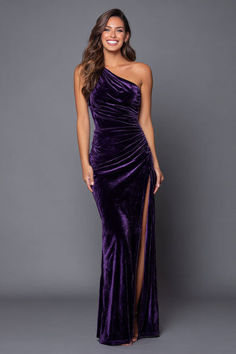 Pflaumen Eine Schulter Meerjungfrau Samt Langes Festliches Partykleid mit Schlitz