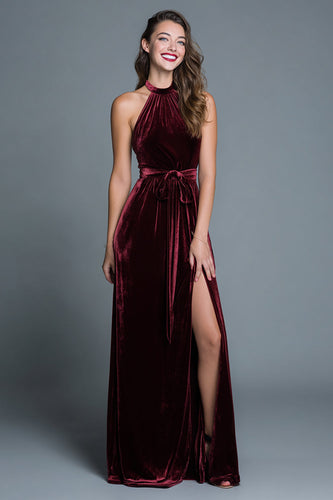Burgunderrot A-Linie Neckholder Samt Langes Festliches Partykleid mit Schlitz