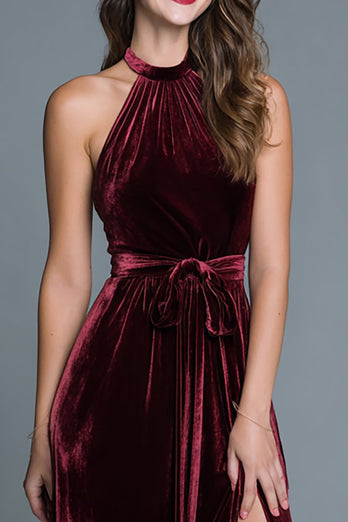 Burgunderrot A-Linie Neckholder Samt Langes Festliches Partykleid mit Schlitz