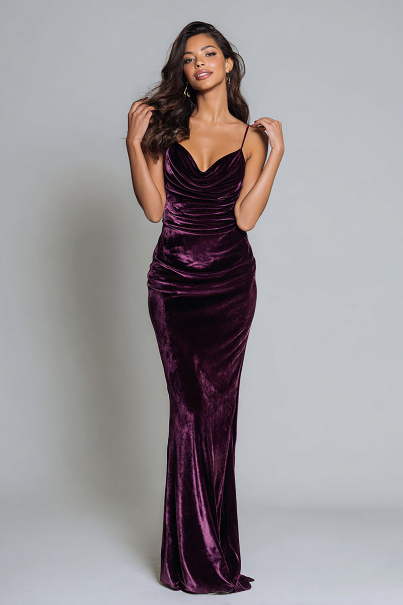 Laden Sie das Bild in den Galerie-Viewer, Pflaumen Spaghettiträger Meerjungfrau Samt Langes Festliches Partykleid