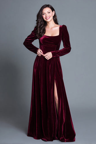 Burgunderrot A-Linie Langes Sleeves Samt Langes Festliches Partykleid mit Schlitz