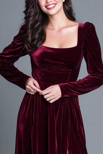 Burgunderrot A-Linie Langes Sleeves Samt Langes Festliches Partykleid mit Schlitz