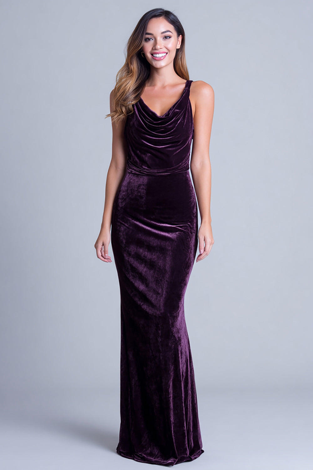 Pflaumen Wasserfallausschnitt Meerjungfrau Samt Langes Festliches Partykleid