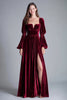 Laden Sie das Bild in den Galerie-Viewer, Burgunderrot Samt A-Linie Puff Sleeves Langes Festliches Partykleid mit Schlitz