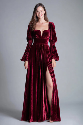 Burgunderrot Samt A-Linie Puff Sleeves Langes Festliches Partykleid mit Schlitz