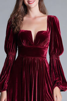 Burgunderrot Samt A-Linie Puff Sleeves Langes Festliches Partykleid mit Schlitz