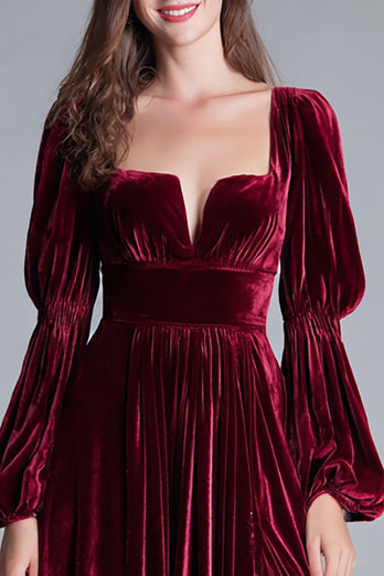 Burgunderrot Samt A-Linie Puff Sleeves Langes Festliches Partykleid mit Schlitz
