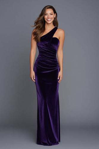 Pflaumen Eine Schulter Meerjungfrau Samt Geraffte Langes Festliches Partykleid