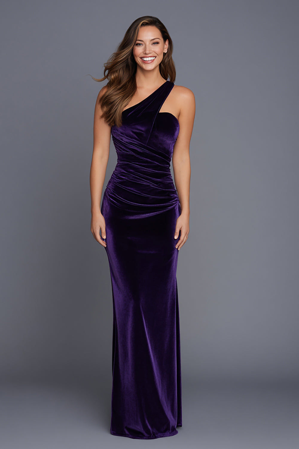 Pflaumen Eine Schulter Meerjungfrau Samt Geraffte Langes Festliches Partykleid