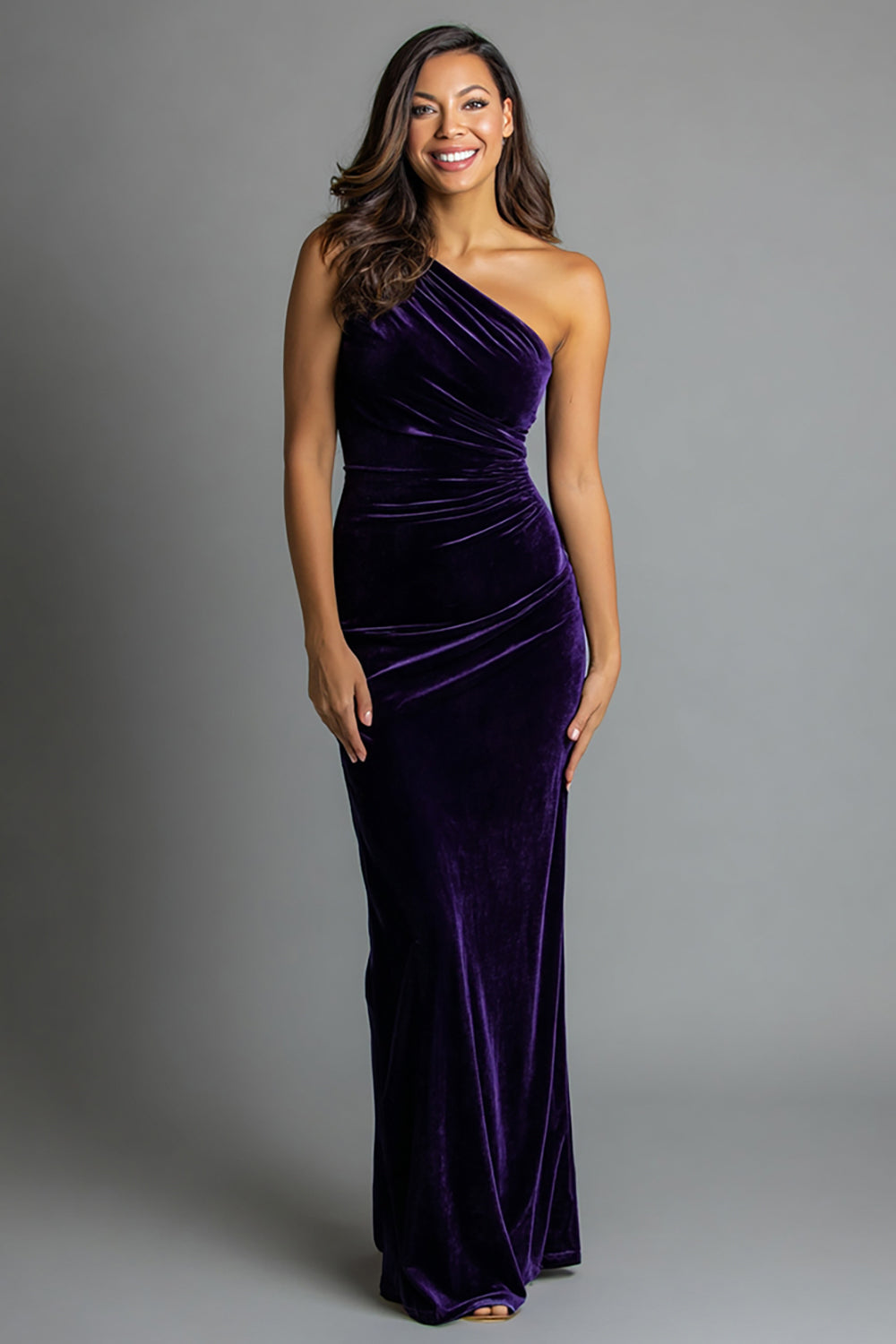 Pflaumen Meerjungfrau Eine Schulter Samt Geraffte Langes Festliches Partykleid