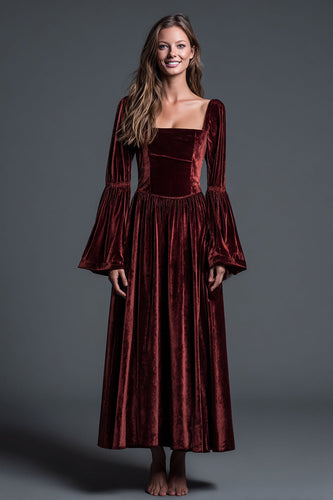 Burgunderrot Samt A-Linie Langes Ärmel Ankle Length Festliches Partykleid