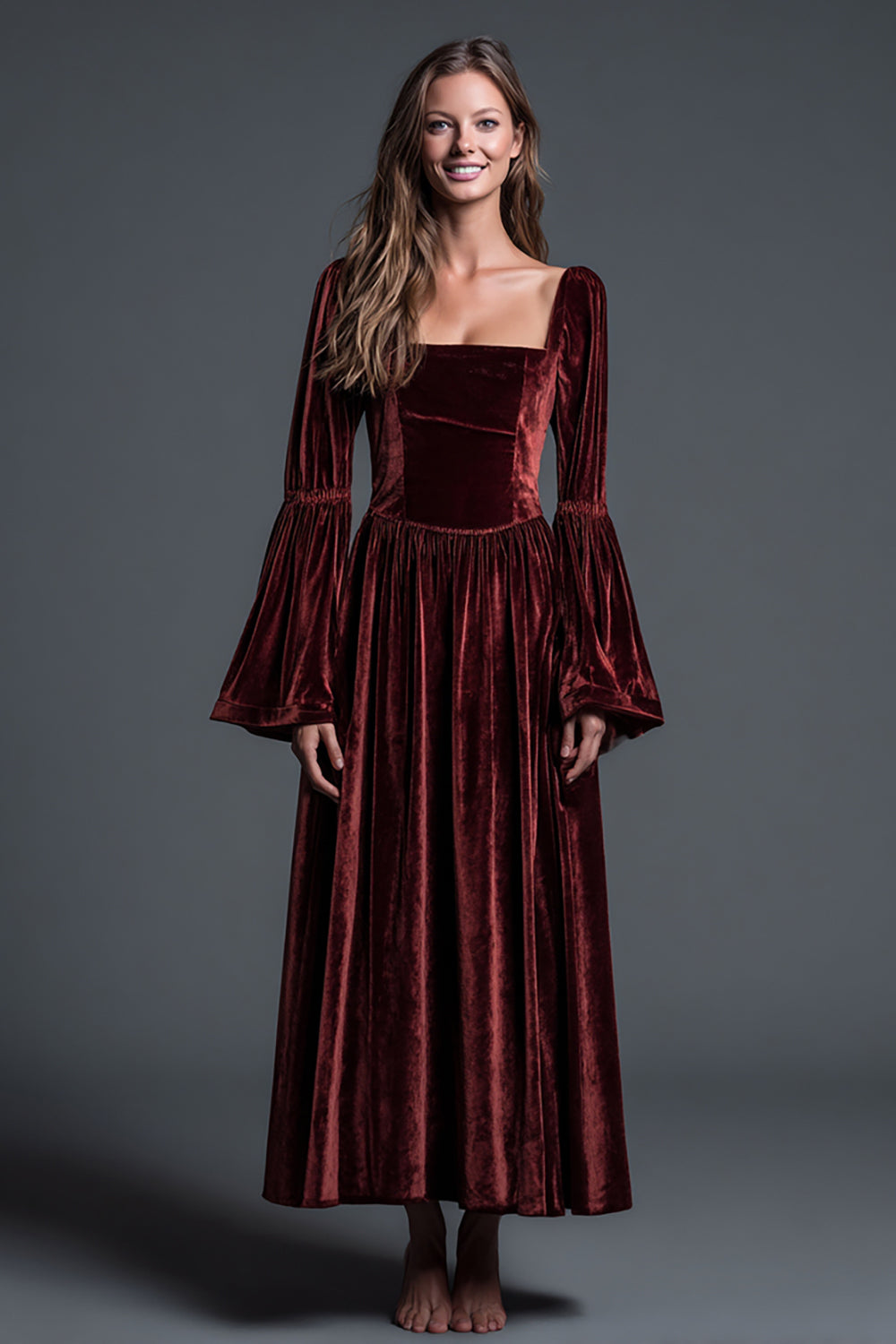 Burgunderrot Samt A-Linie Langes Ärmel Ankle Length Festliches Partykleid