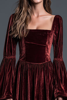 Burgunderrot Samt A-Linie Langes Ärmel Ankle Length Festliches Partykleid