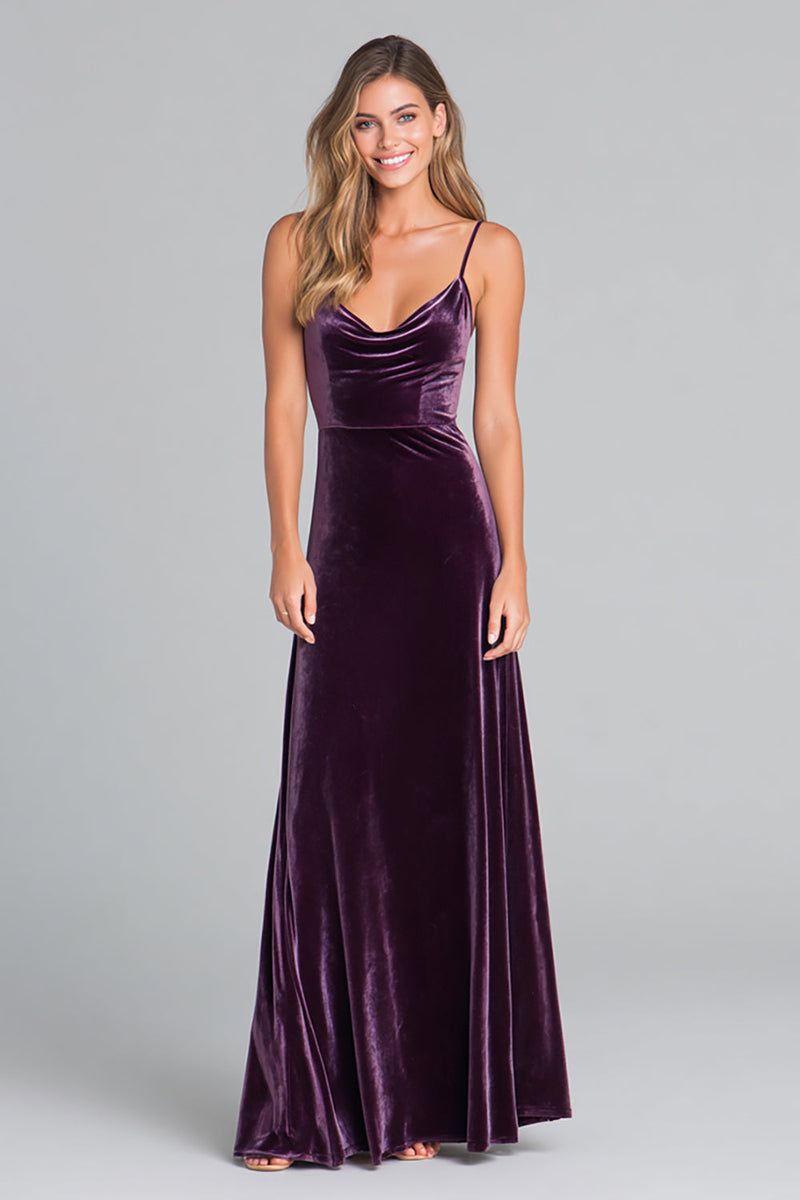 Laden Sie das Bild in den Galerie-Viewer, Pflaumen Spaghettiträger Samt Etui Langes Festliches Partykleid