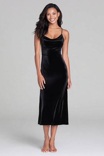 Schwarz Spaghettiträger Samt Etui Teelänge Festliches Partykleid