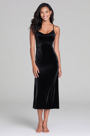 Schwarz Spaghettiträger Samt Etui Teelänge Festliches Partykleid