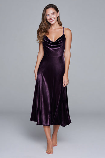 Schwarz Spaghettiträger Samt A-Linie Teelänge Festliches Partykleid
