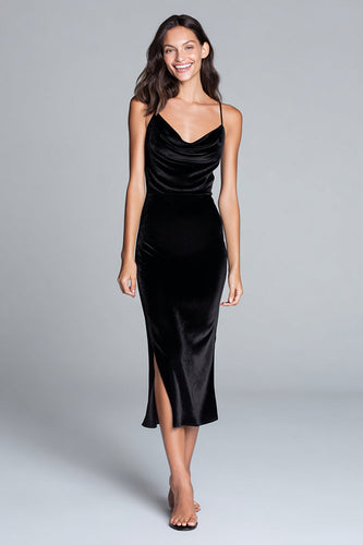 Schwarz Spaghettiträger Samt Teelänge Festliches Partykleid mit Schlitz