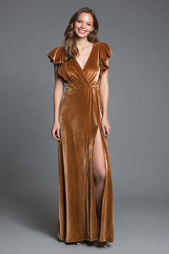 Braun V-Ausschnitt Etui Samt Langes Festliches Partykleid mit Schlitz