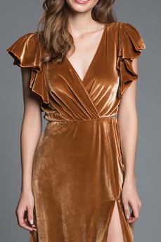 Braun V-Ausschnitt Etui Samt Langes Festliches Partykleid mit Schlitz