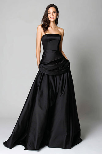Schwarz Trägerlos A-Linie Satin Geraffte Langes Formelle Kleid