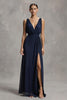 Laden Sie das Bild in den Galerie-Viewer, Marineblau Tiefer V-Ausschnitt Chiffon Etui Langes Formelle Kleid mit Schlitz