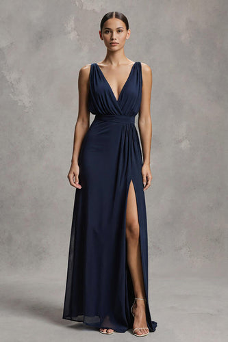 Marineblau Tiefer V-Ausschnitt Chiffon Etui Langes Formelle Kleid mit Schlitz