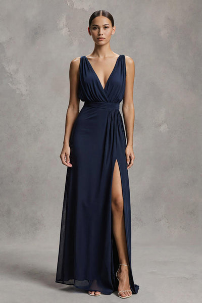Marineblau Tiefer V-Ausschnitt Chiffon Etui Langes Formelle Kleid mit Schlitz