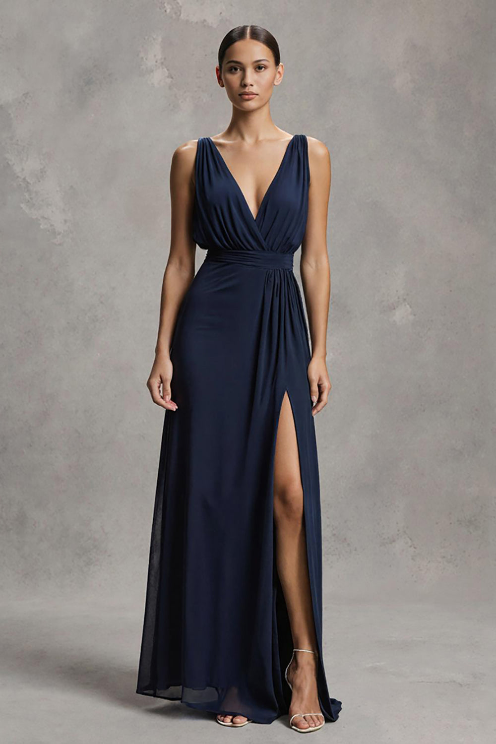 Marineblau Tiefer V-Ausschnitt Chiffon Etui Langes Formelle Kleid mit Schlitz