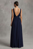 Laden Sie das Bild in den Galerie-Viewer, Marineblau Tiefer V-Ausschnitt Chiffon Etui Langes Formelle Kleid mit Schlitz