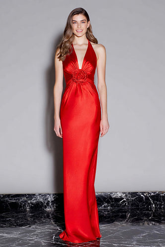 Rot Neckholder Satin Meerjungfrau Langes Formelle Kleid mit 3D Blume