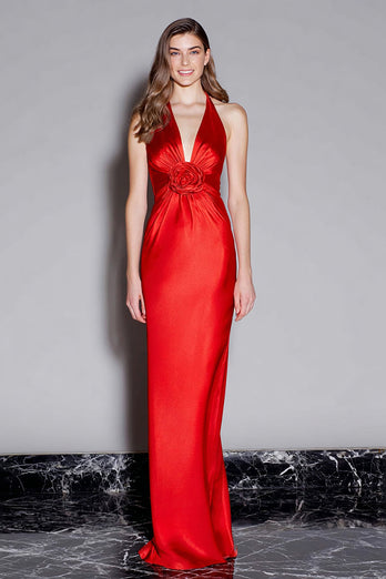 Rot Neckholder Satin Meerjungfrau Langes Formelle Kleid mit 3D Blume