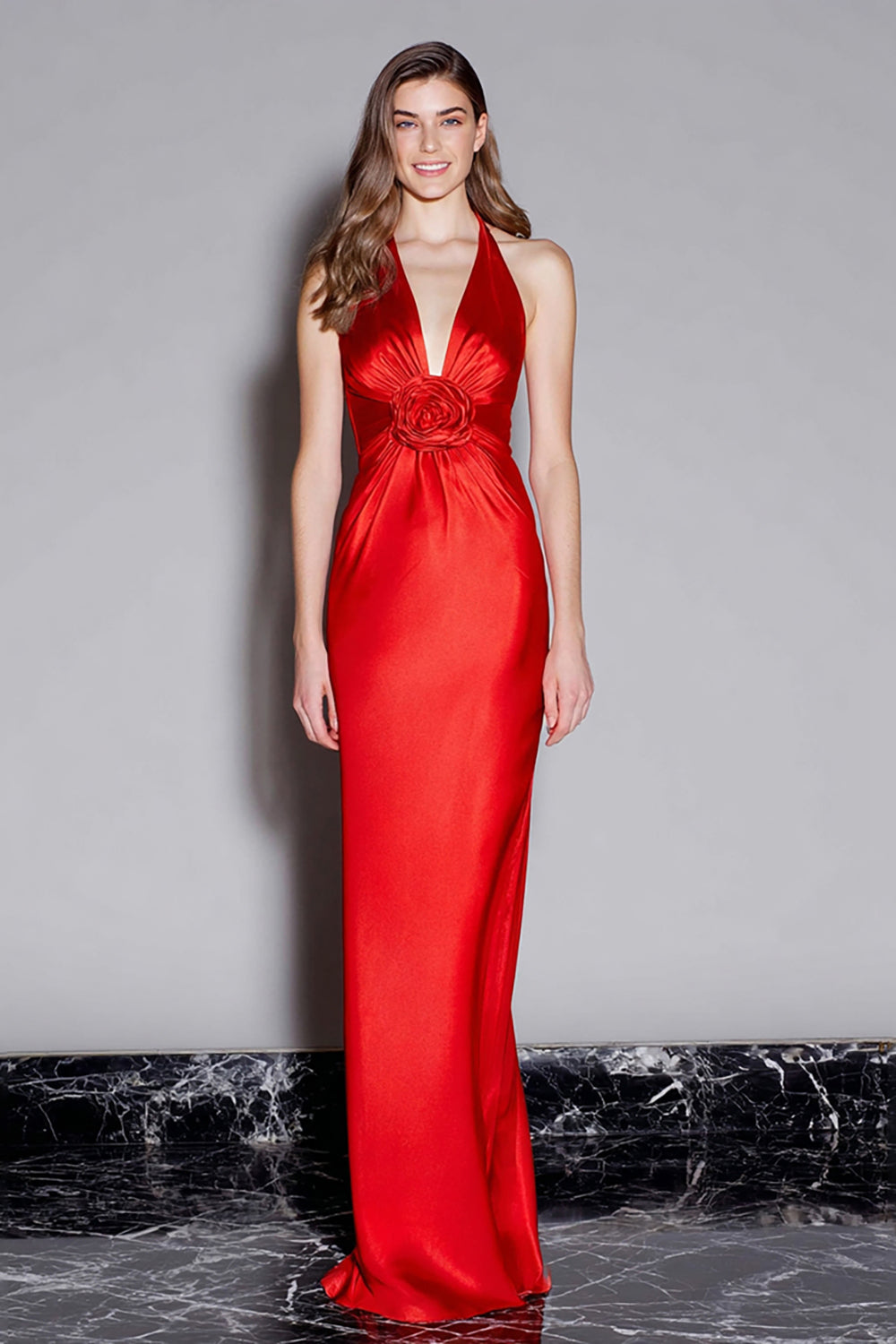 Rot Neckholder Satin Meerjungfrau Langes Formelle Kleid mit 3D Blume
