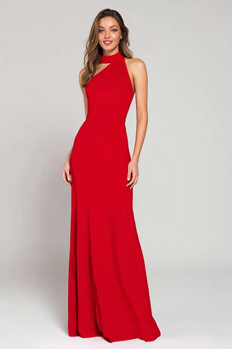 Elegant Rot Hoher Ausschnitt Satin Meerjungfrau Langes Formelle Kleid