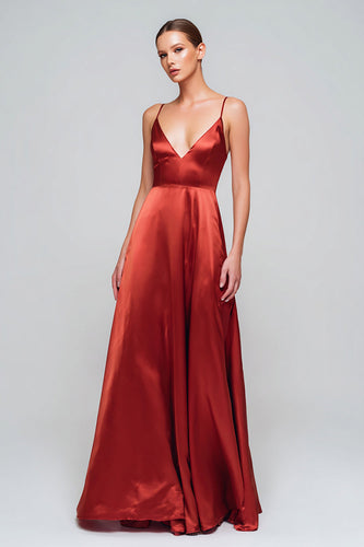 Rot Spaghettiträger Satin A-Linie Langes Formelle Kleid