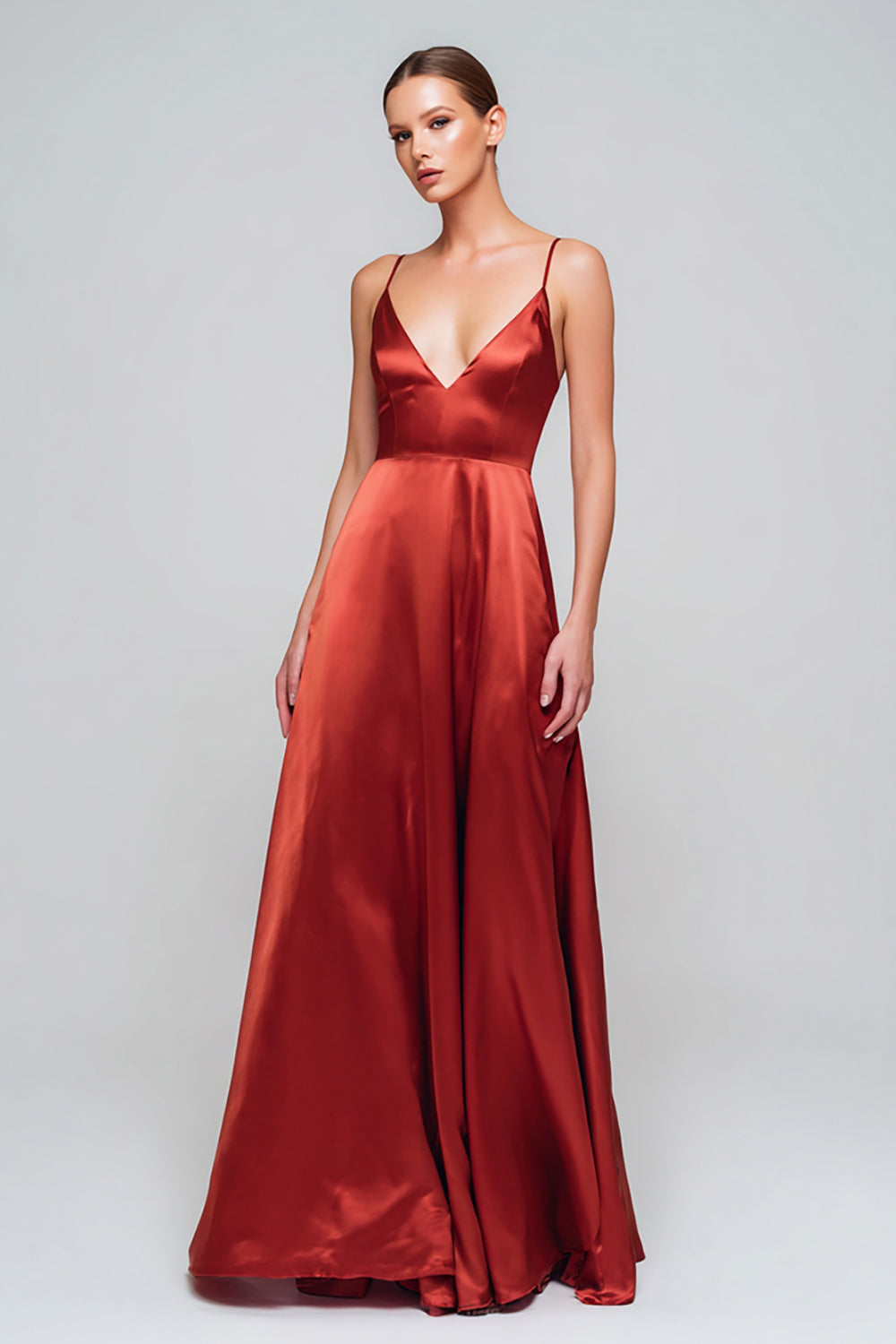 Rot Spaghettiträger Satin A-Linie Langes Formelle Kleid