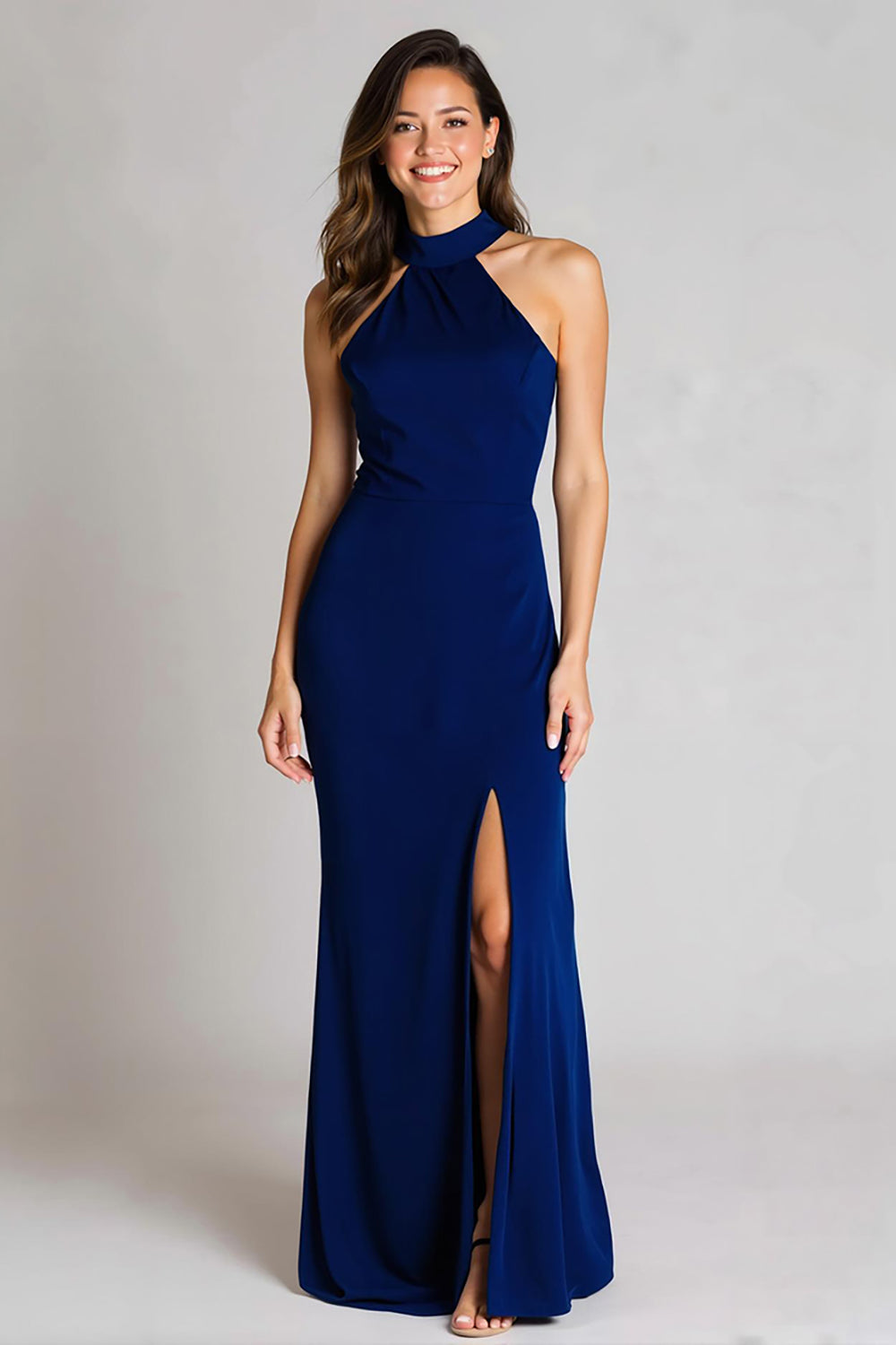 Marineblau Neckholder Satin Meerjungfrau Rückenfreie Langes Formelle Kleid mit Schlitz