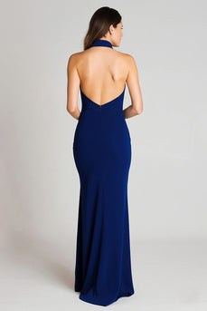 Marineblau Neckholder Satin Meerjungfrau Rückenfreie Langes Formelle Kleid mit Schlitz