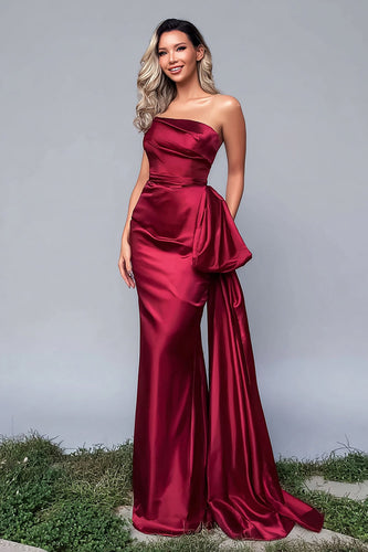 Burgunderrot Trägerlos Meerjungfrau Satin Langes Formelle Kleid mit Side Cape
