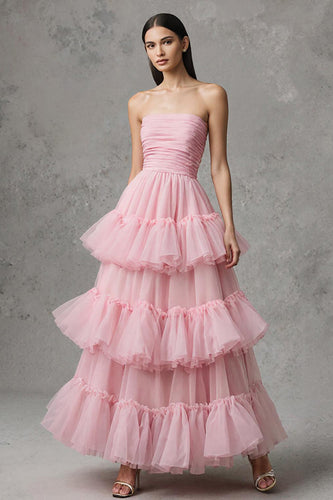 Pink Trägerlos A-Linie Tüll Rüschen Langes Festliches Kleid
