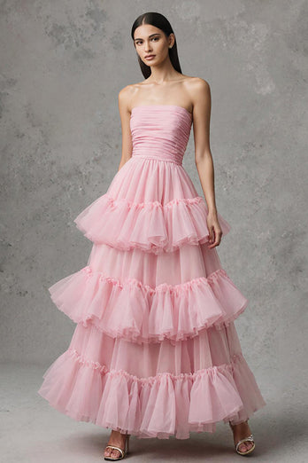 Pink Trägerlos A-Linie Tüll Rüschen Langes Festliches Kleid